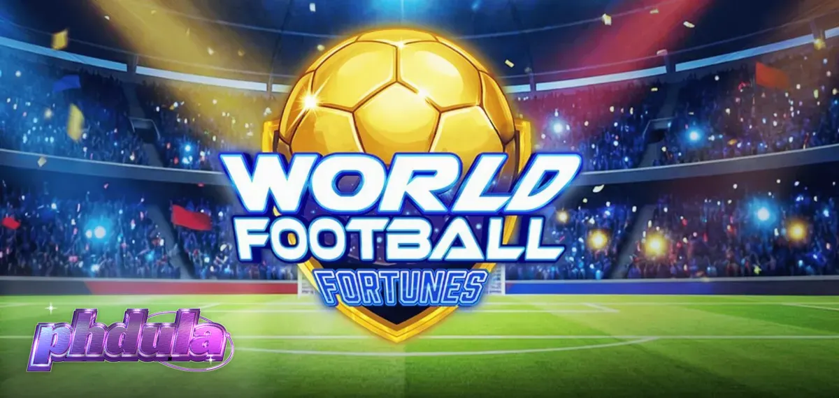 World Football Fortunes slot game screen na may stadium background at football symbols.