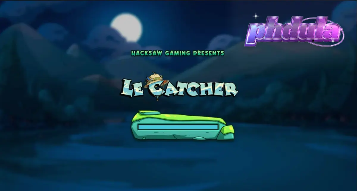Isang masayang raccoon angler sa isang bangka habang nangingisda sa ilalim ng buwan sa slot na Le Catcher.